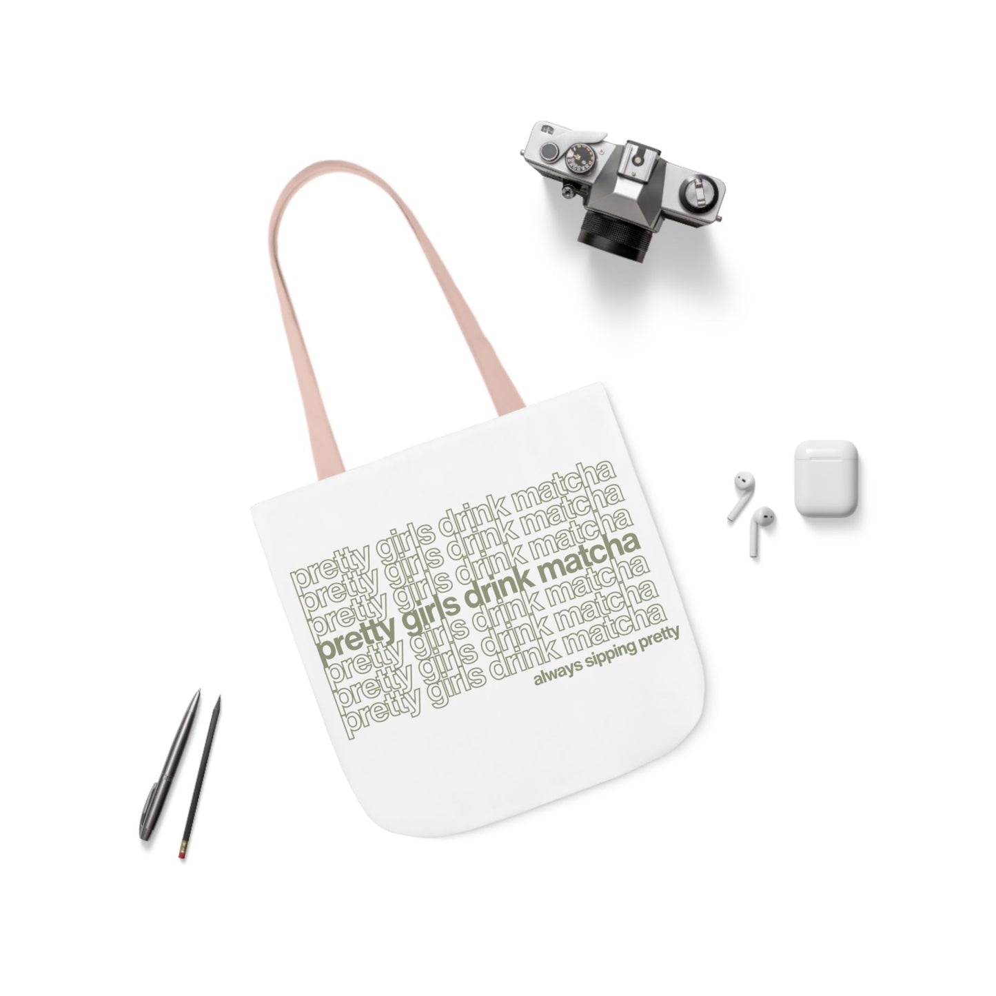Pretty Girls Drink Matcha Canvas Tote Bag - Eco-Friendly Shopping Bag with 5-Color Straps